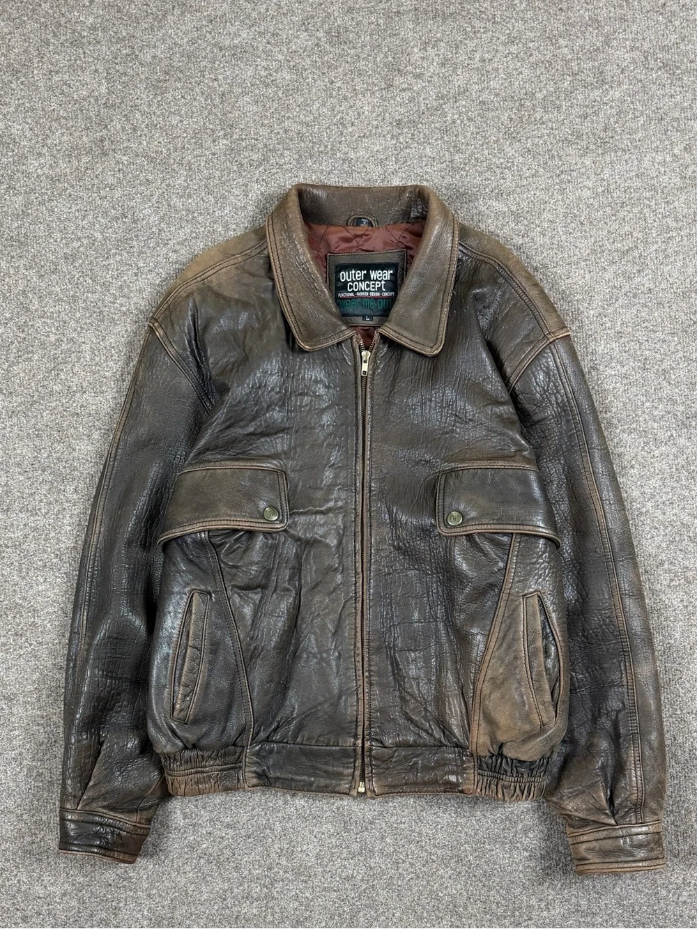 Vintage Brown Distressed Patina Genuine Leather Flight Bomber Jacket Men’s L 90s